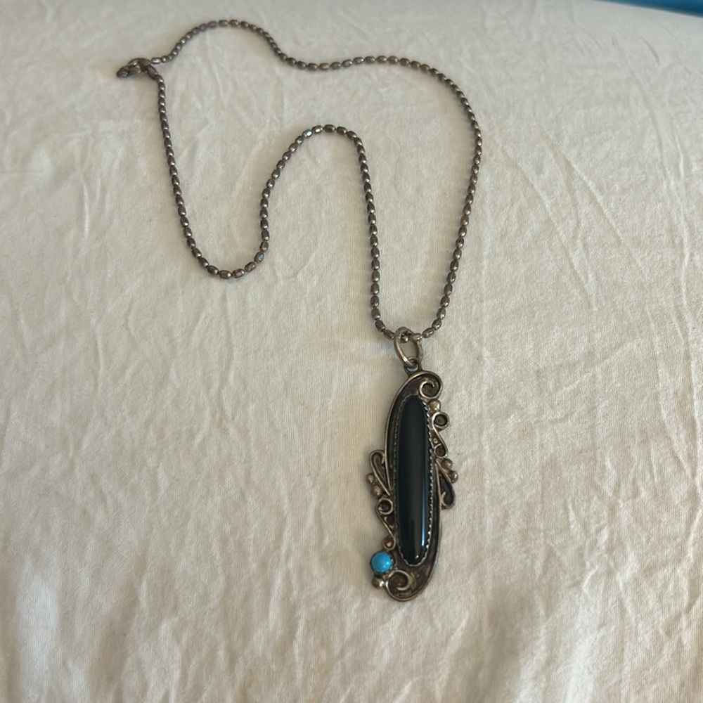 Vintage Signed Stamped Sterling Silver Onyx Turquoise Pendant Necklace - Picture 7 of 15